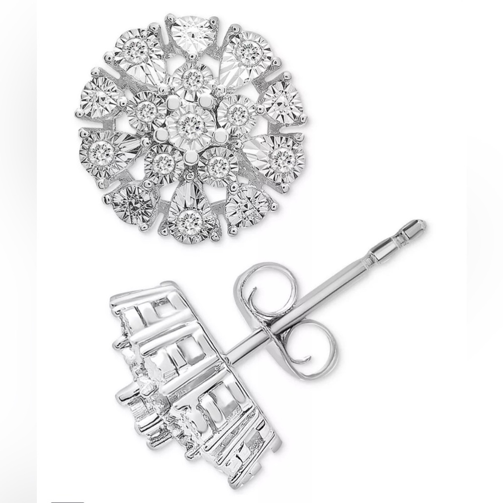Genuine Diamond Burst Flower Earrings (1/10 tcw) Sterling Silver